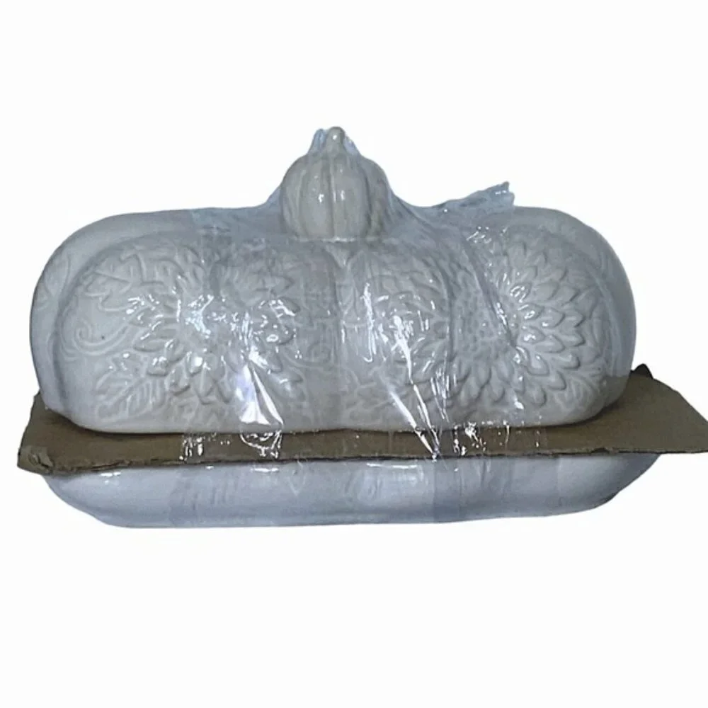 Harvest Pumpkin Covered Butter Dish With Lid Large Ceramic Floral White Cream